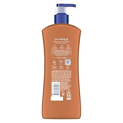 Back view of a brown lotion bottle with a blue pump on a white background