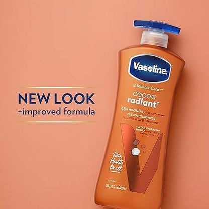 Vaseline Intensive Care Cocoa Radiant lotion bottle on a peach background