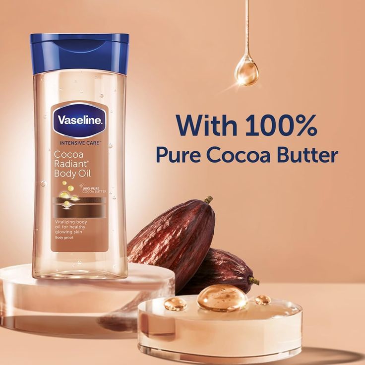 Vaseline Cocoa Radiant Body Oil with 100% pure cocoa butter on a beige background
