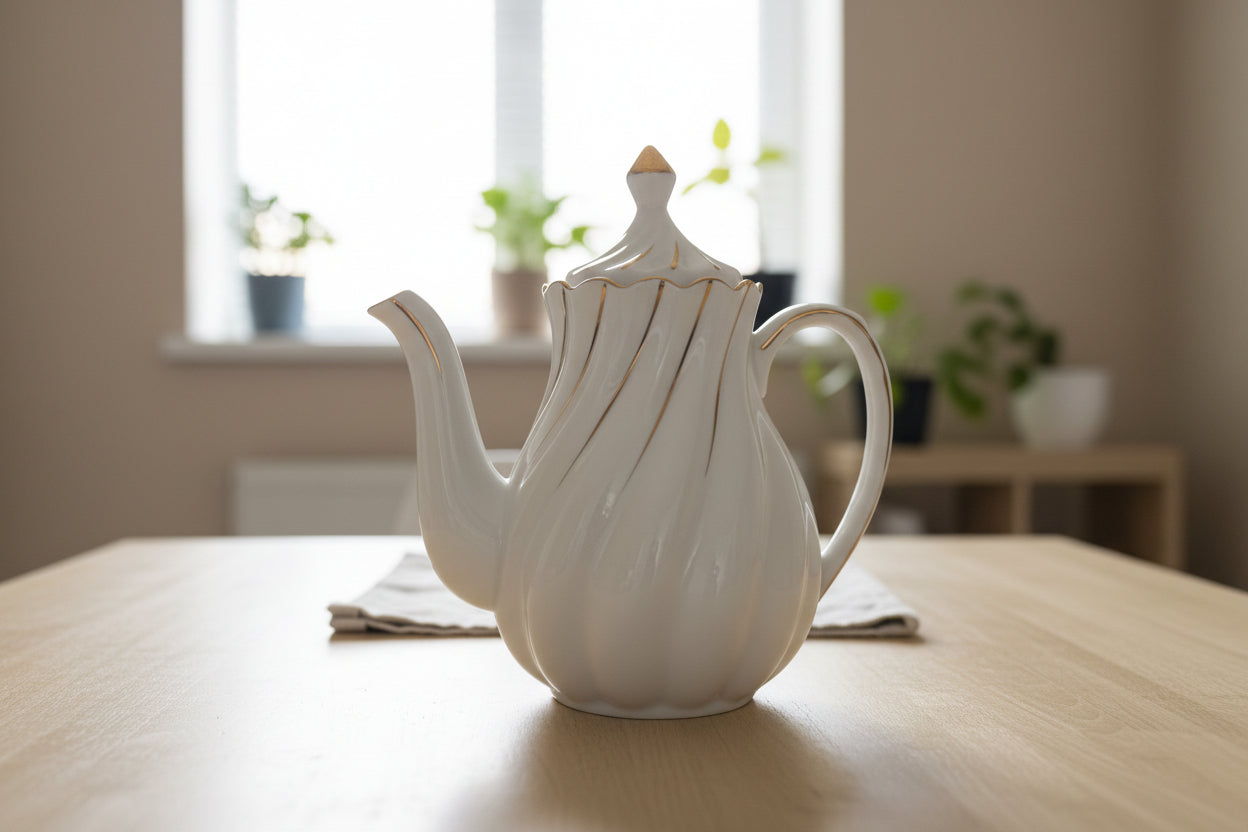 White ceramic teapot held by a hand in a store setting