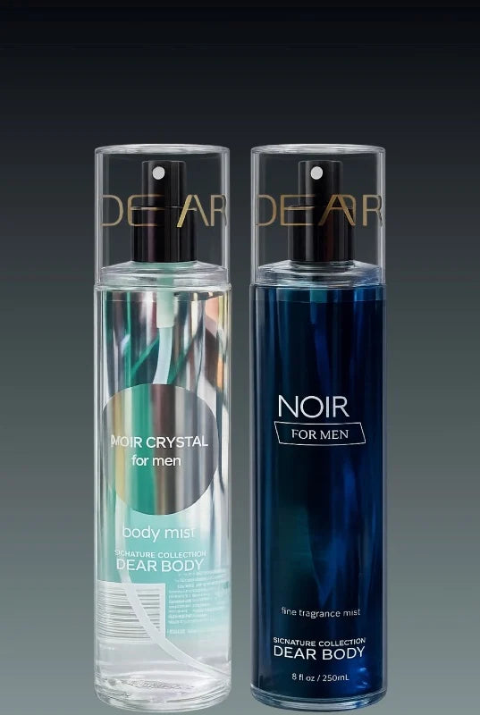 Two bottles of 'Dear Body' men's cologne on a gradient background