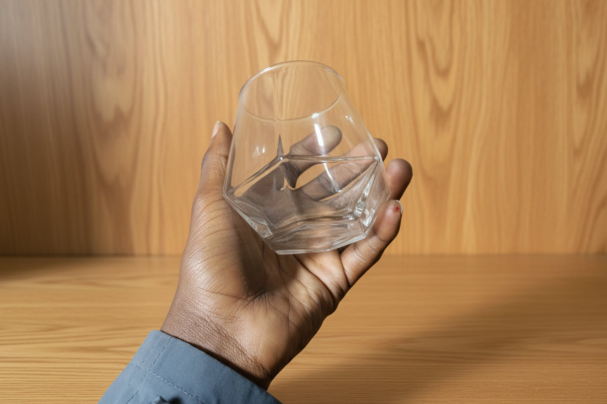 Hand holding a clear glass bottle with a blurred background of shelves and items.