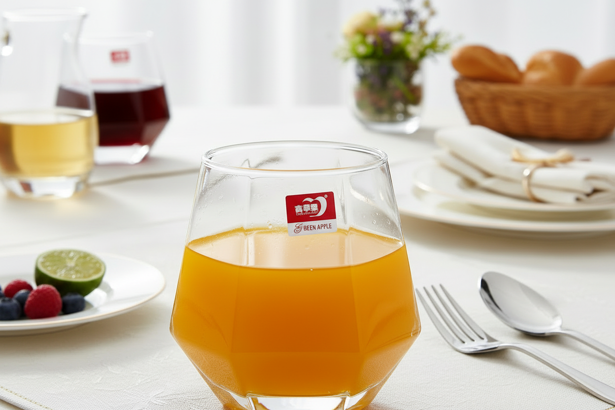 Clear glass with orange juice on a table setting with a brand logo.