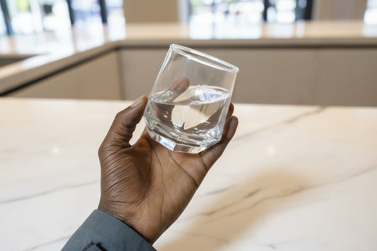 Hand holding a clear glass container with a red label against a cluttered background