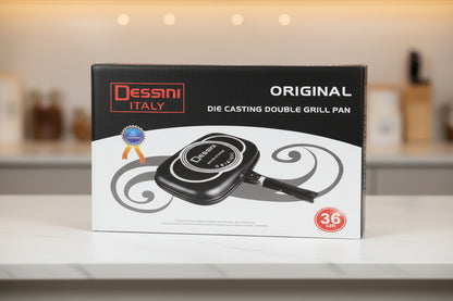 Dessini Italy grill pan packaging with branding and product illustration.
