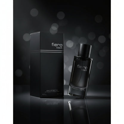 Fiero Black perfume bottle and packaging on a light gray background