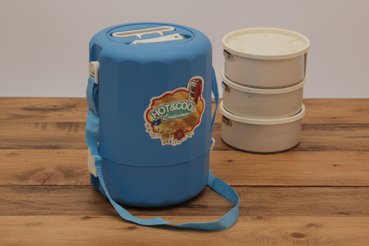 Blue 'Hot & Cool' container with a strap and stacked metal containers on a white background