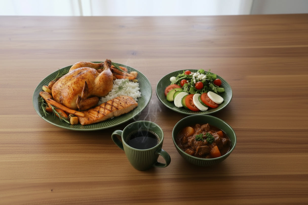 Green ceramic dishes including cups and plates on a white surface with cardboard boxes in the background.