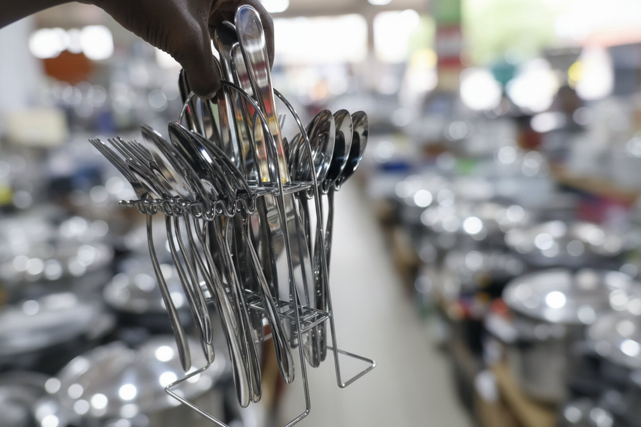 Metallic clippers held by a hand with a background of various items including plastic containers and boxes.