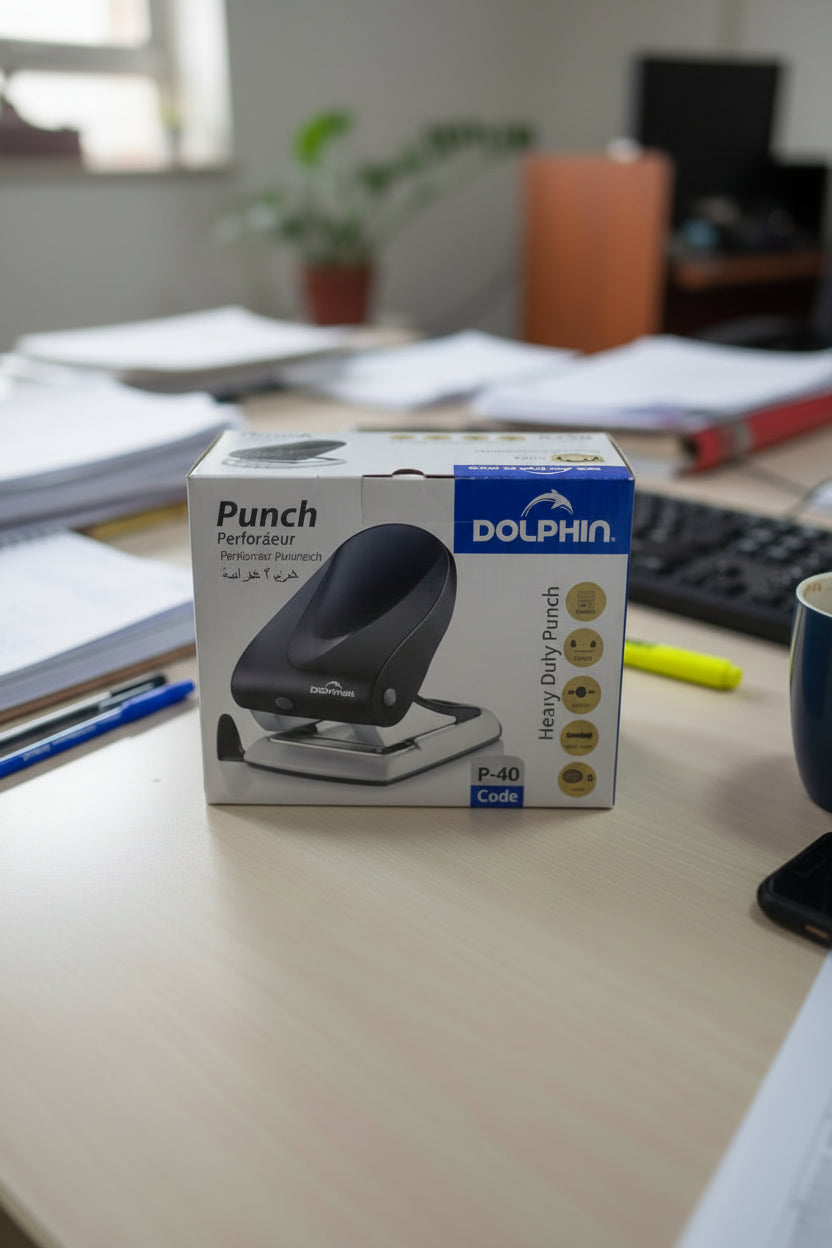 Box of a Dolphin heavy-duty punch with a blurred background