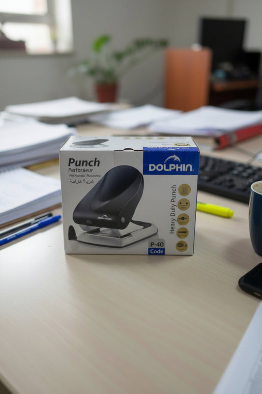 Box of a Dolphin heavy-duty punch with a blurred background