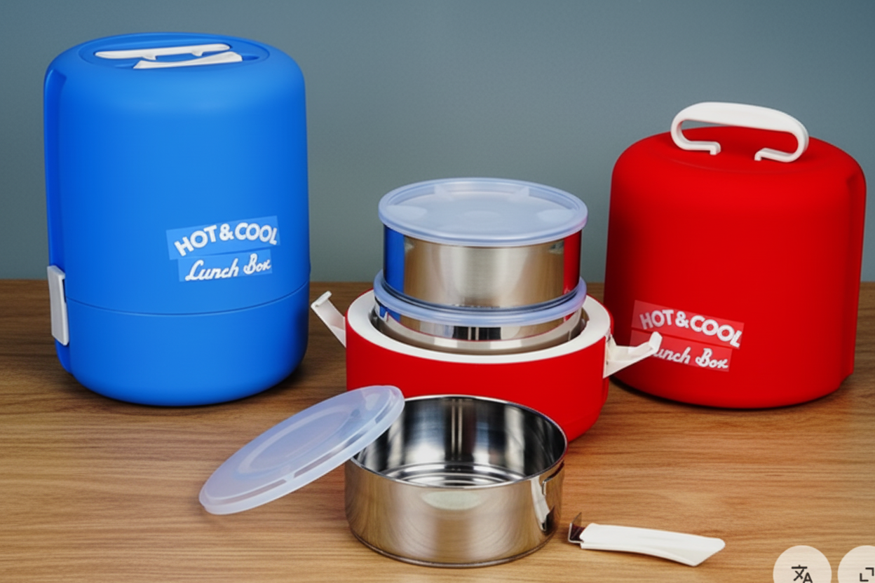 Three thermos containers with blue, red, and silver designs on a gray background.