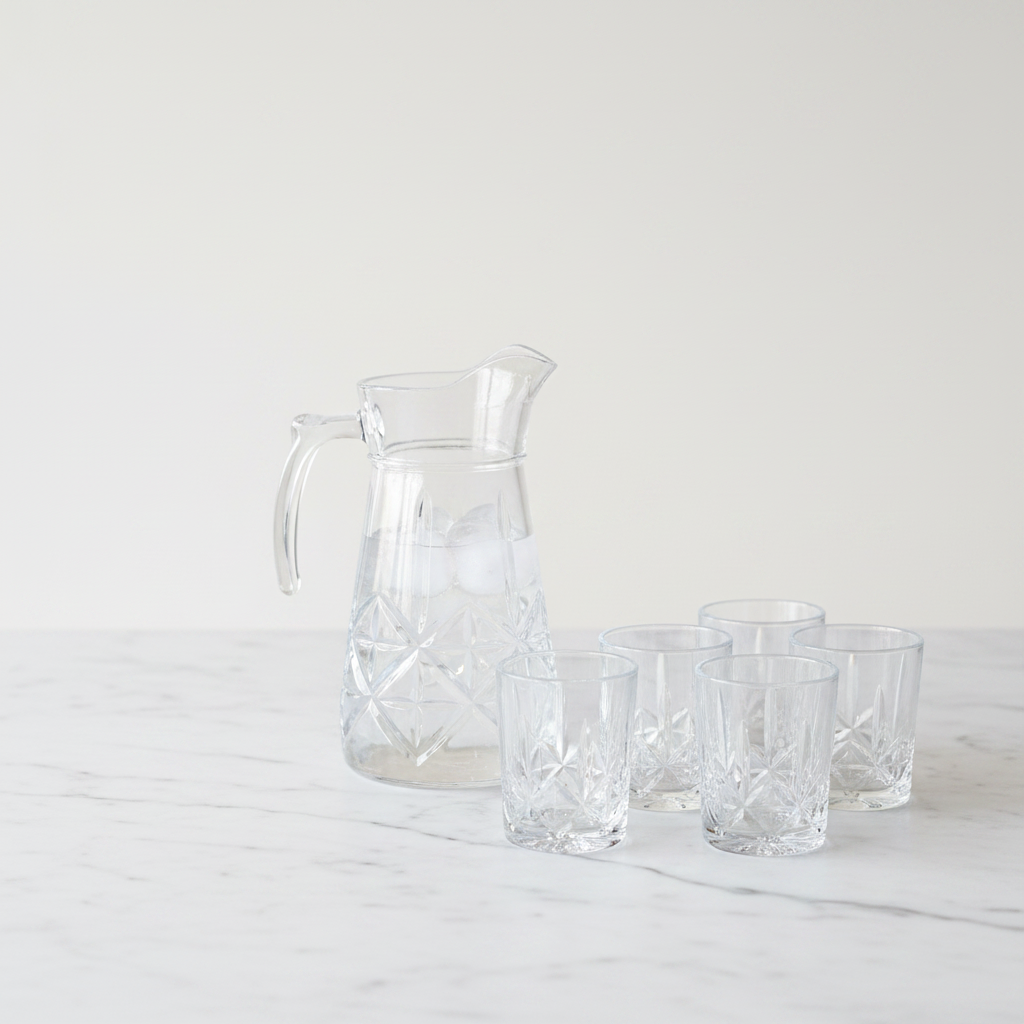 Delisoga crystal pitcher styled on white marble — editorial product photo