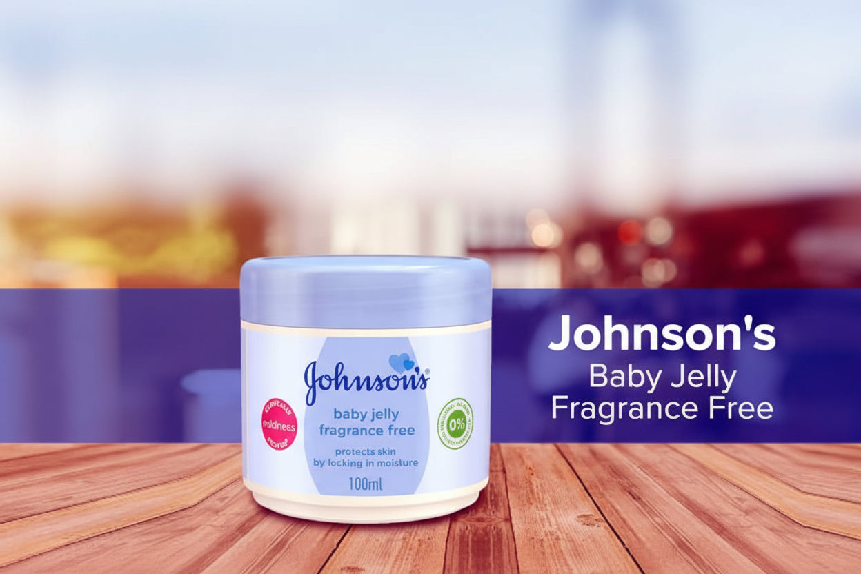 Johnson's Baby Jelly Fragrance Free container on a wooden surface with a blurred background