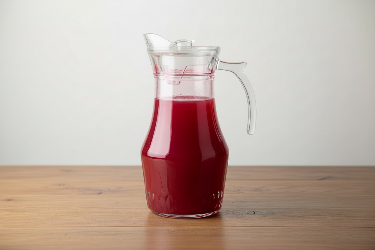 Clear glass pitcher with white handle on a wooden table  background