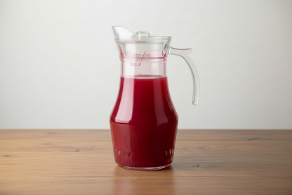 Clear glass pitcher with white handle on a wooden table  background