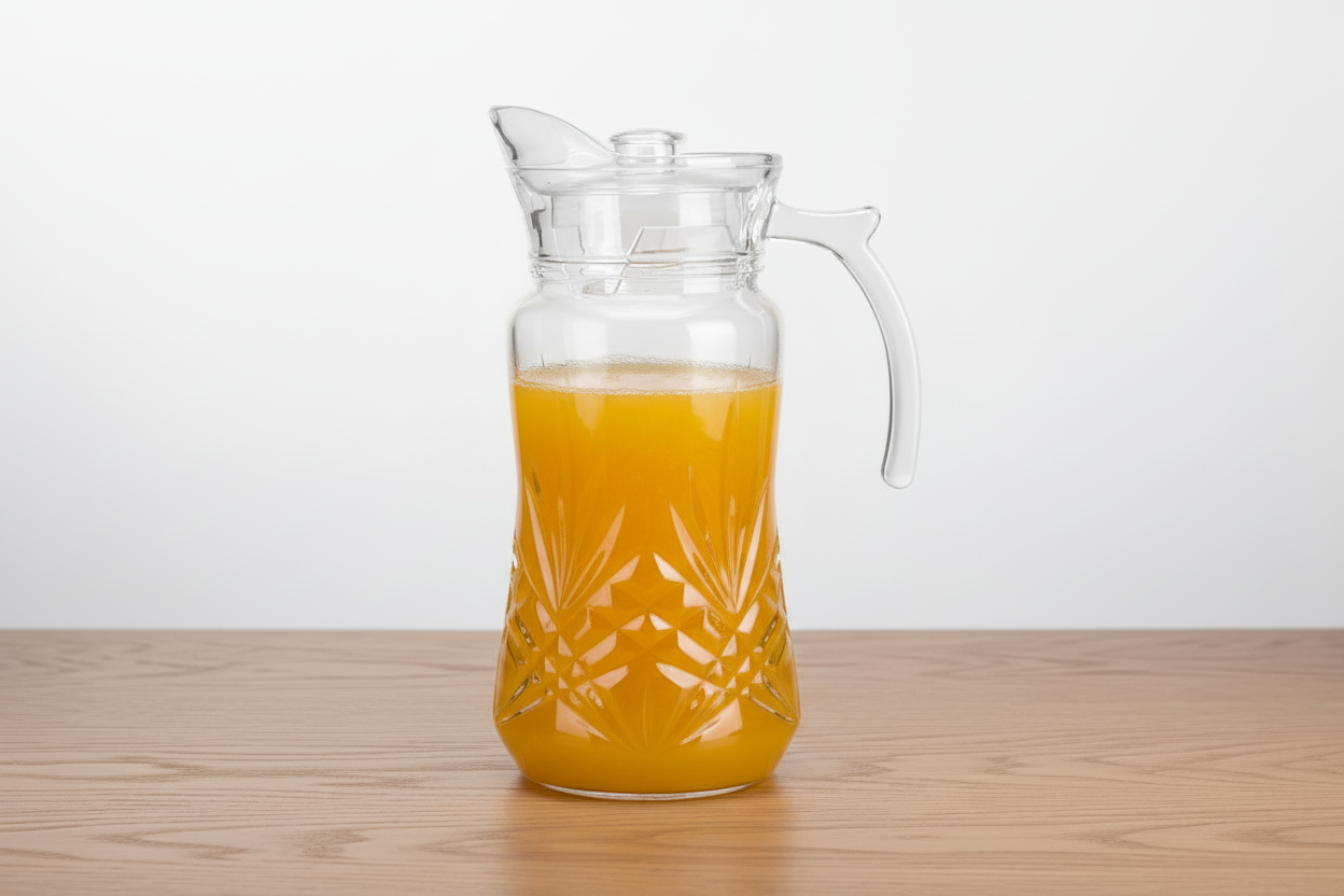 Clear glass carafe with a handle on a white background