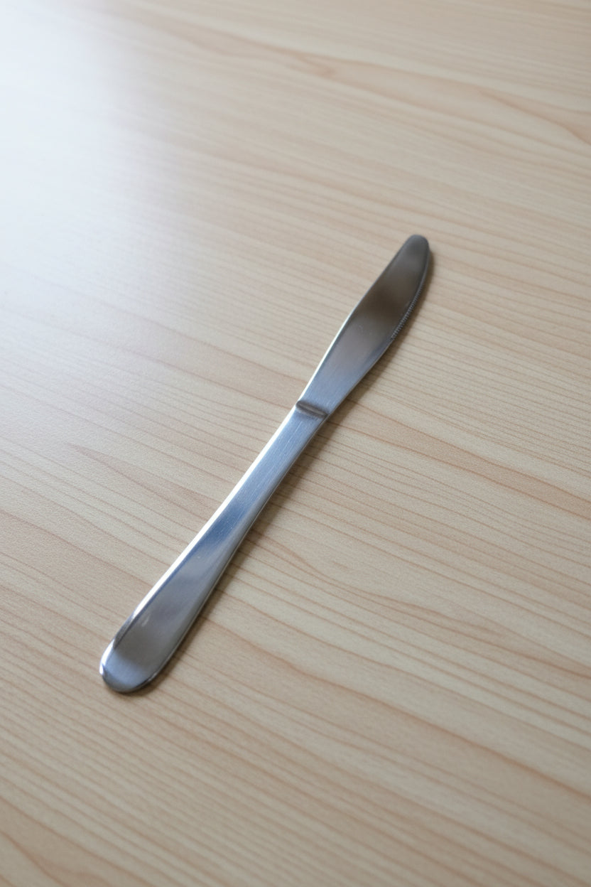 Hand holding a metal spoon with a blurred background of stacked containers