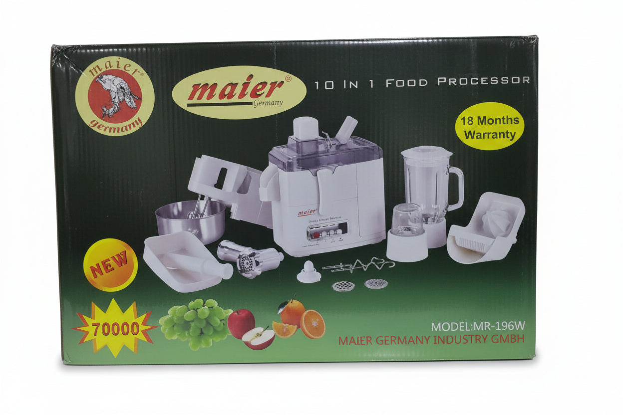 Maier food processor packaging on a wooden surface