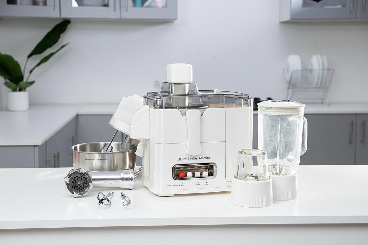  Deluxe Kitchen Machine on a kitchen counter with attachments.