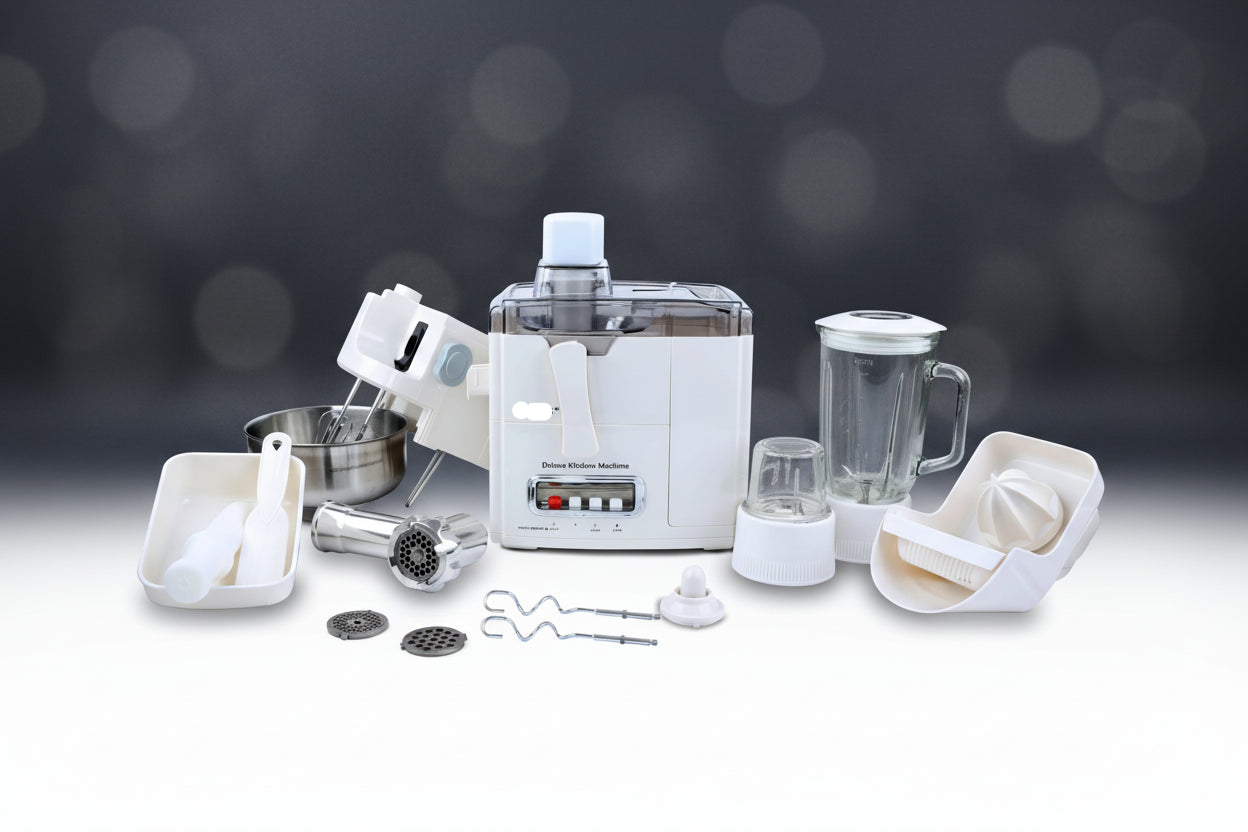 Set of kitchen appliances including a food processor, blender, and attachments on a white background