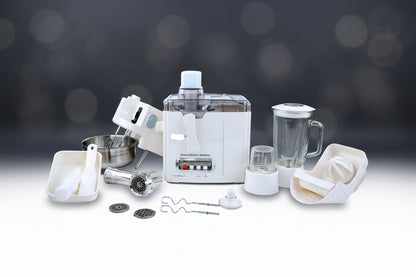 Set of kitchen appliances including a food processor, blender, and attachments on a white background