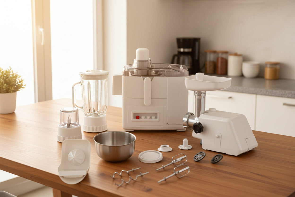 Multifunctional kitchen appliance with various attachments on a white background