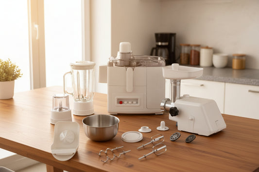 Multifunctional kitchen appliance with various attachments on a white background