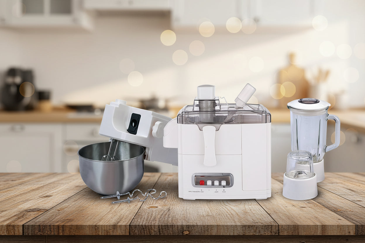 Set of kitchen appliances including mixer, juicer, and blender.