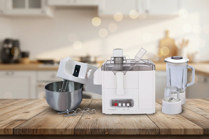 Set of kitchen appliances including mixer, juicer, and blender.