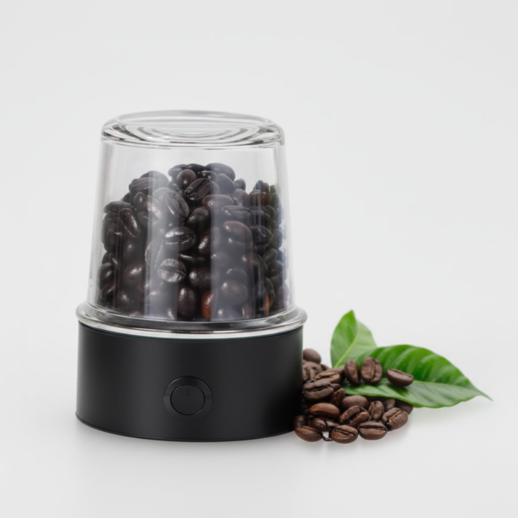 Black coffee grinder with coffee beans and a glass container on a white background