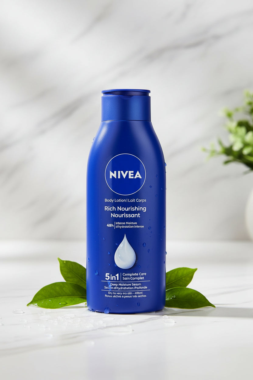 Nivea body lotion bottle held against a green background