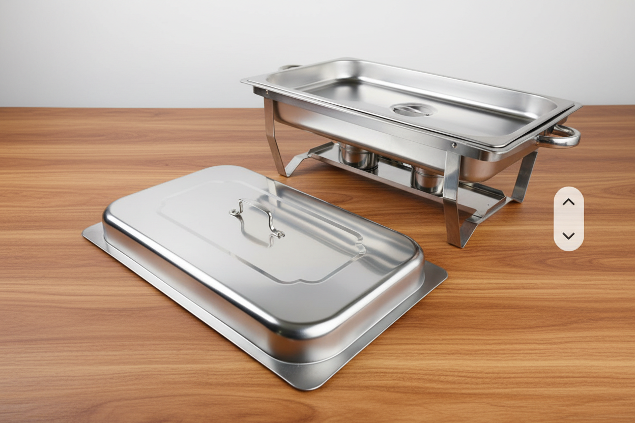 Two stainless steel chafing dishes on a white background