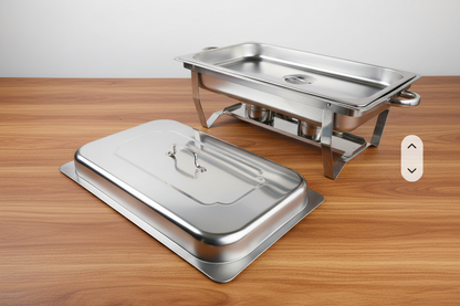 Two stainless steel chafing dishes on a white background