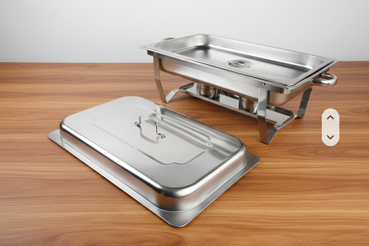 Two stainless steel chafing dishes on a white background
