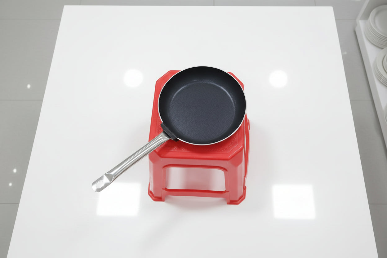 Frying pan on a red stool with a blurred background