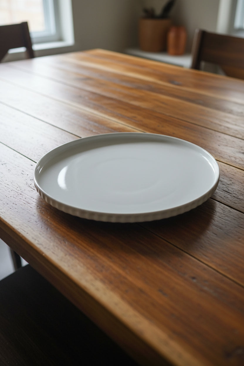 White ceramic plate held by a person with a blurred background of more plates and items.