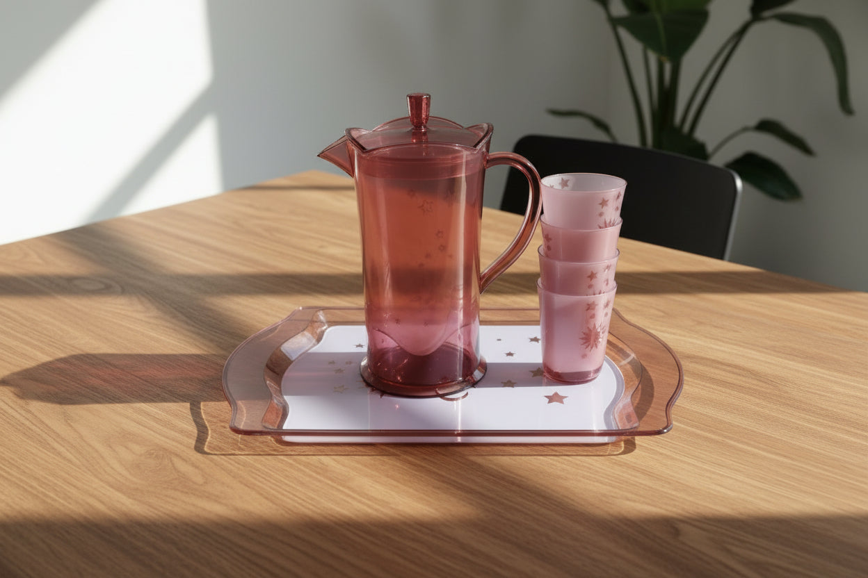 Pink glass pitcher and cup on a clear plastic tray with a colorful background of stacked items.
