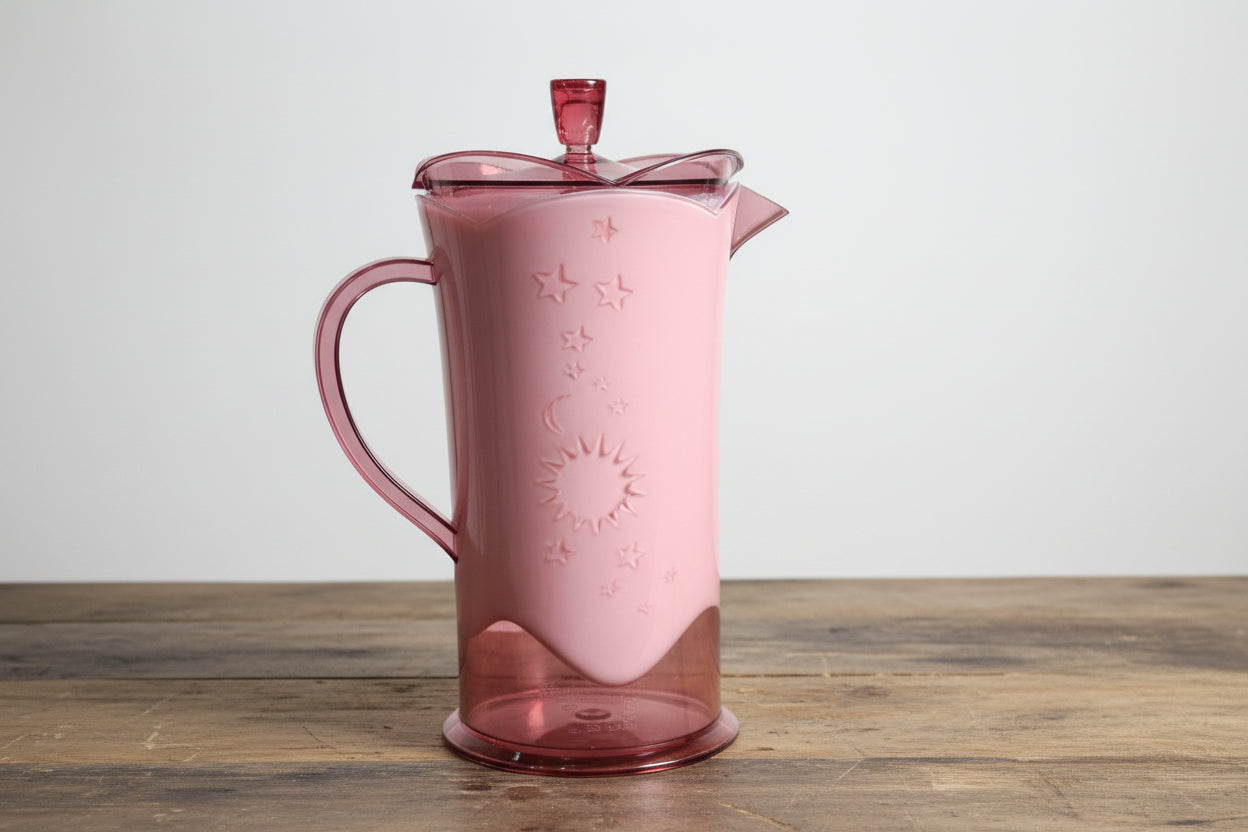 Pink glass with star designs held by a hand against a background of stacked glass items.