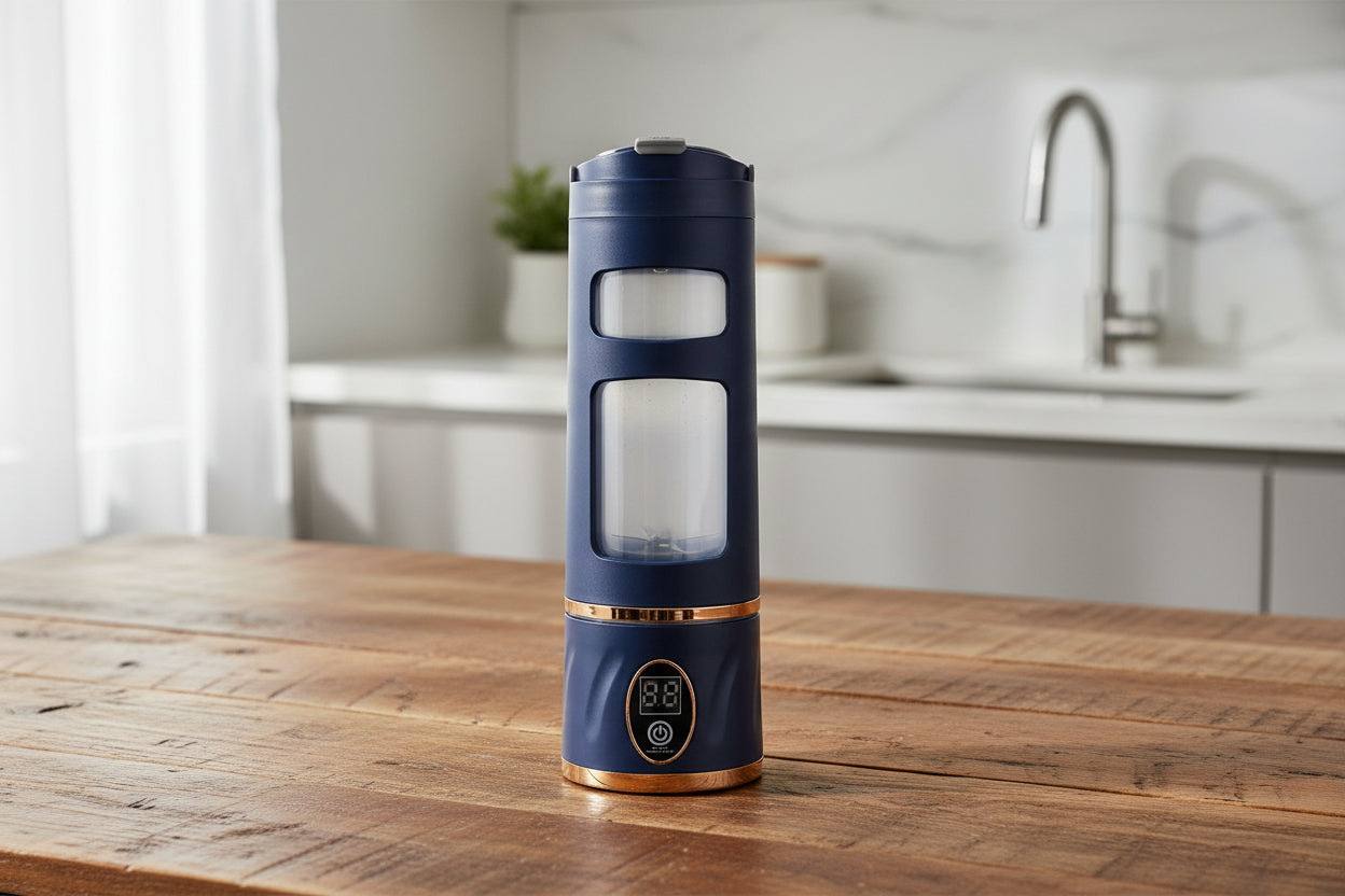 Navy blue and rose gold portable device on a white background