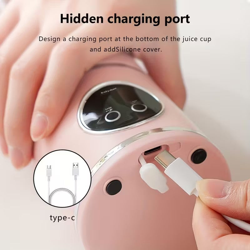 Pink juice cup with hidden charging port and USB cable