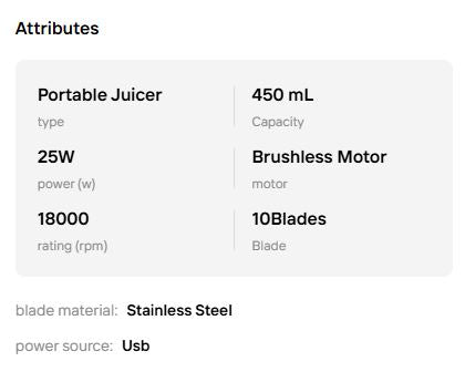 Product specifications of a portable juicer including capacity, power, and blade details.