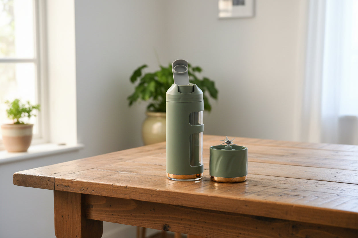 Green spray bottle with nozzle on a cardboard box amidst various items.