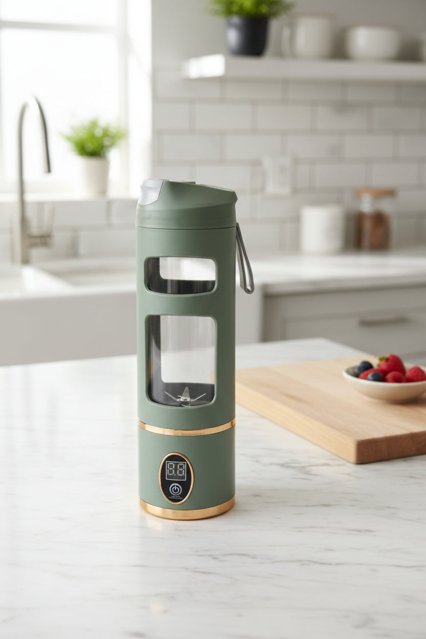Electric blender on a cluttered surface  the background