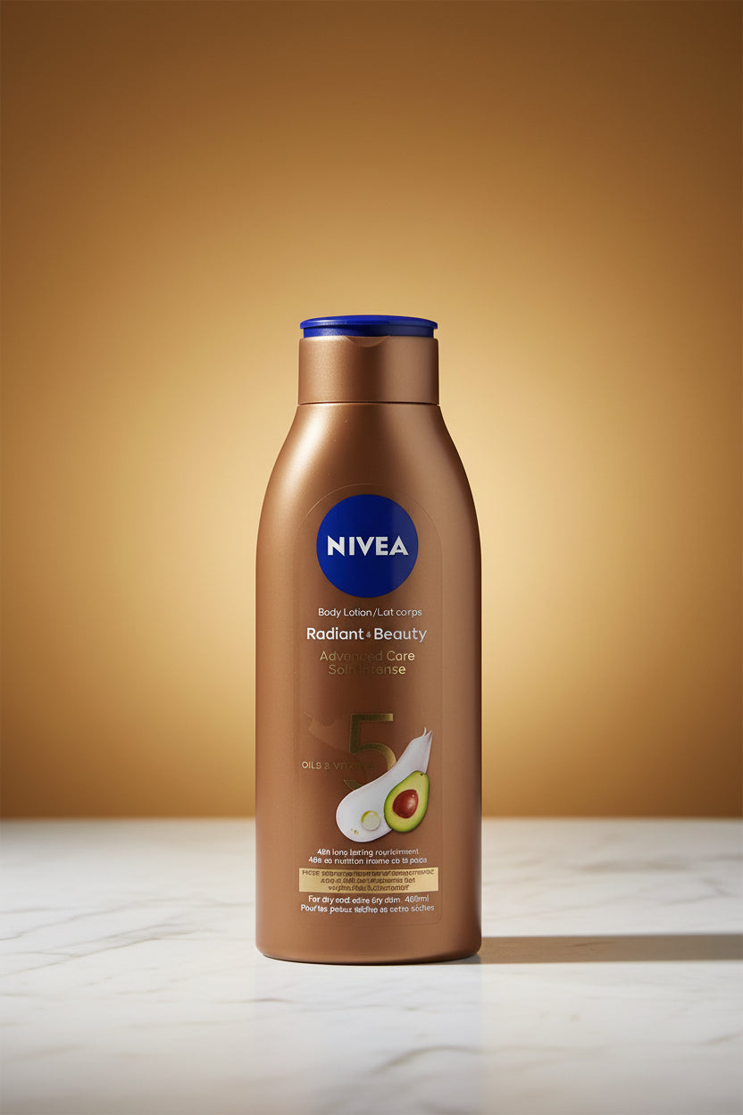 Nivea body lotion bottle on a textured white surface