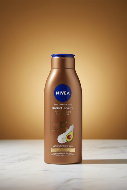 Nivea body lotion bottle on a textured white surface