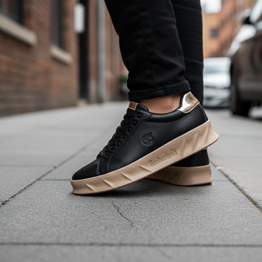 Black sneakers with tan soles on a car hood