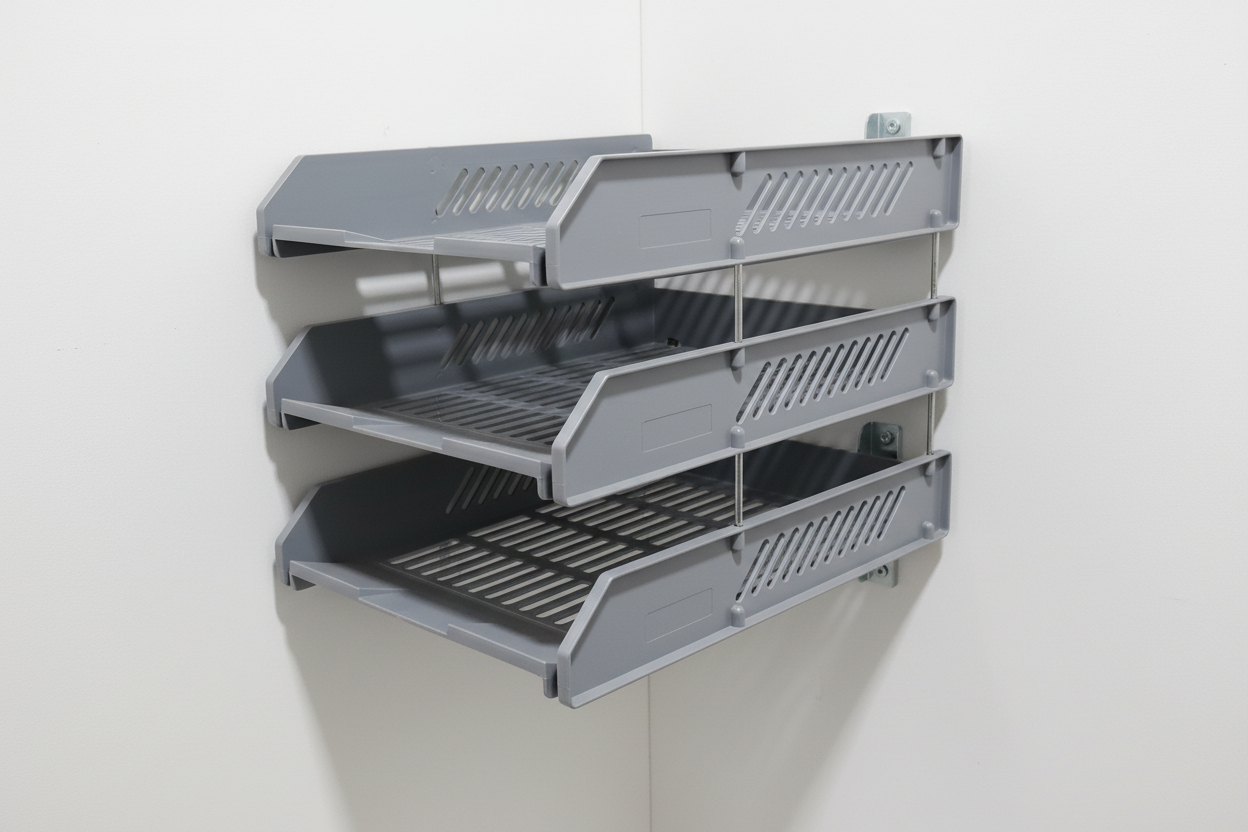 Three gray plastic drawers on a wooden surface with a white wall in the background.