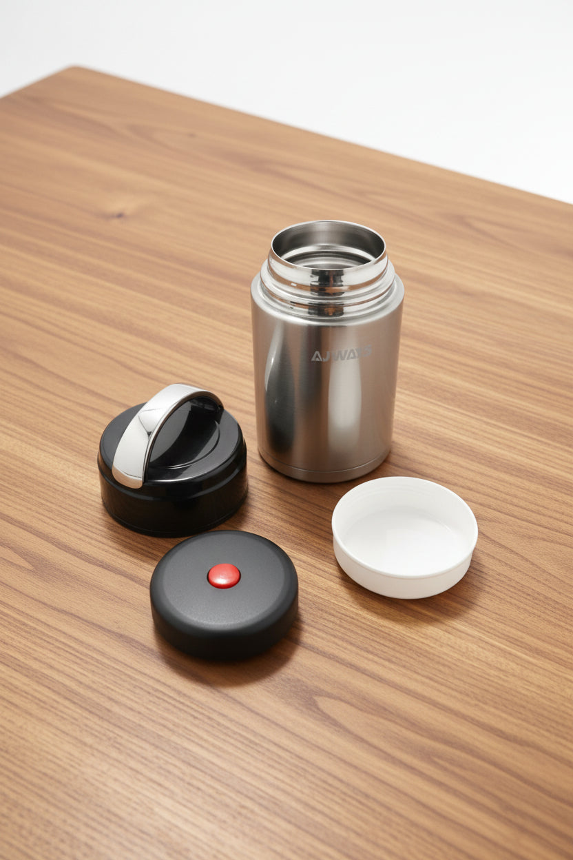 Silver thermos with black and red lids on a tiled floor