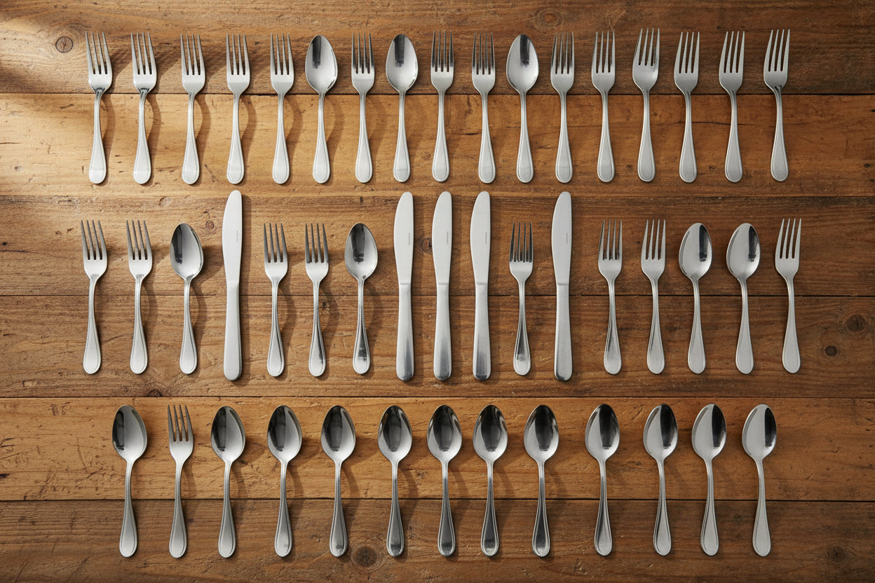 Set of silver cutlery on a wooden surface with a blurred background